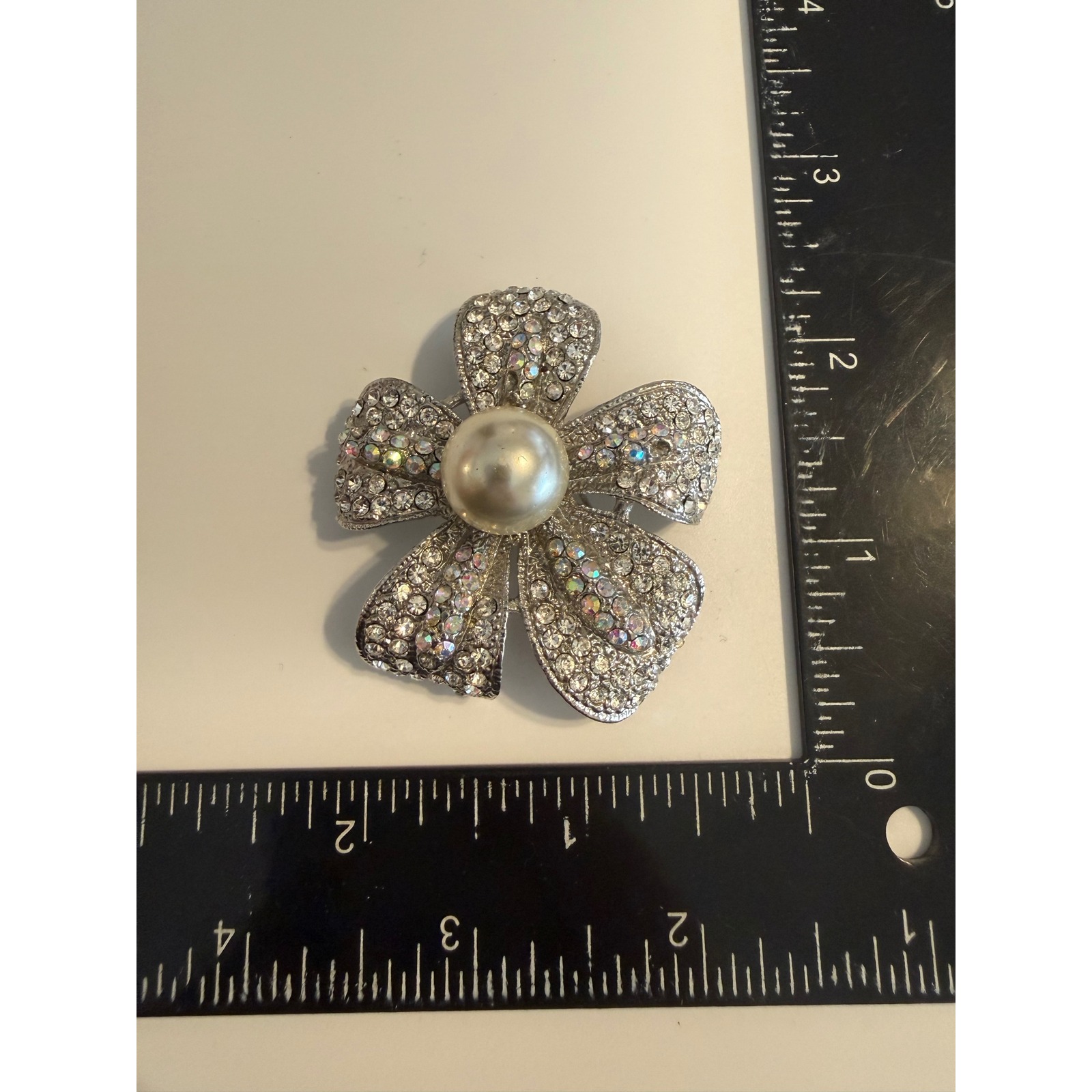 Silver Tone Rhinestone Faux Pearl Flower Brooch Pin Aurora Borealis Floral 2.25"